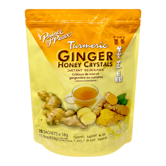 Prince of Peace Instant Ginger Honey Crystals Turmeric Flavor Tea 25 Sachets X 18 g (15.9 Oz/450g)