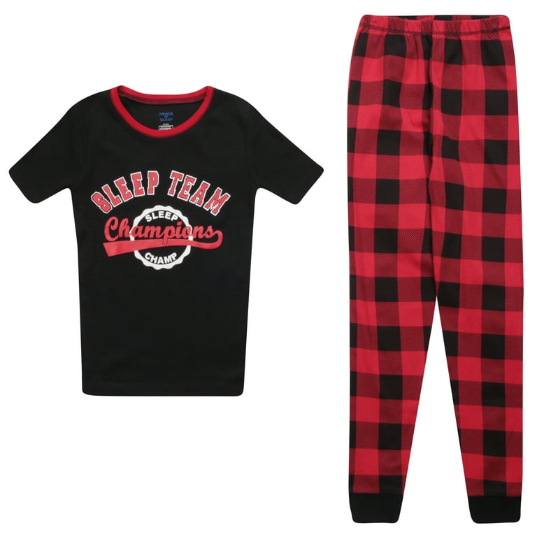 Prince of Sleep Pajamas for Boys Snug-Fit Cotton Boys PJ Set Short Sleeve  Tee & Jogger Pant (Red - Buffalo Plaid, 4)