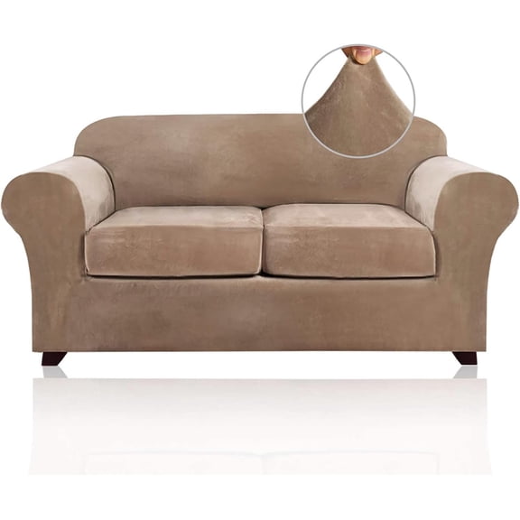 PrinceDeco Velvet Couch Cover Loveseat Covers for 2 Cushion Couch 3 Piece Sofa Covers for Dogs Washable Loveseat Covers Width Up to 72 Inch No Slip Stretch Sofa Slipcover(Medium, Camel)
