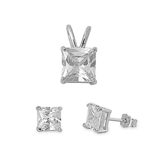Princes Cut Clear Cubic Zirconia Matching Set Sterling Silver