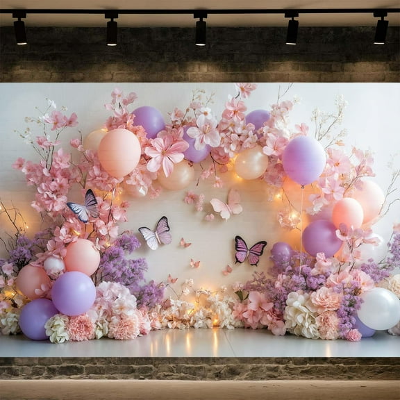 Princess 1st Birthday Party Backdrop for Girls Pink Purple Floral Butterfly Balloon Baby Shower Photography Background Flower Balloons Arch Birthday Party Decorations Banner Photo Booth Props