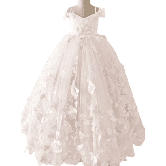 Princess 3D Floral Flower Girls Dresses with Bow Cold Shoulder Kids Ball Gown Beaded Puffy First Communion Dresses