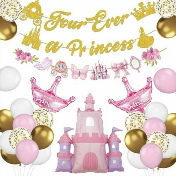 Princess 4th Bday Decor: pink gold balloons, crown castles, 4 foil balloon, Four Ever bannergirl party kit