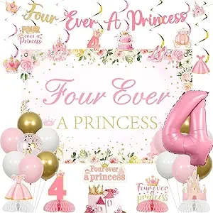 Princess 4th Birthday Party Decorations, Four Ever A Princess Backdrop ...