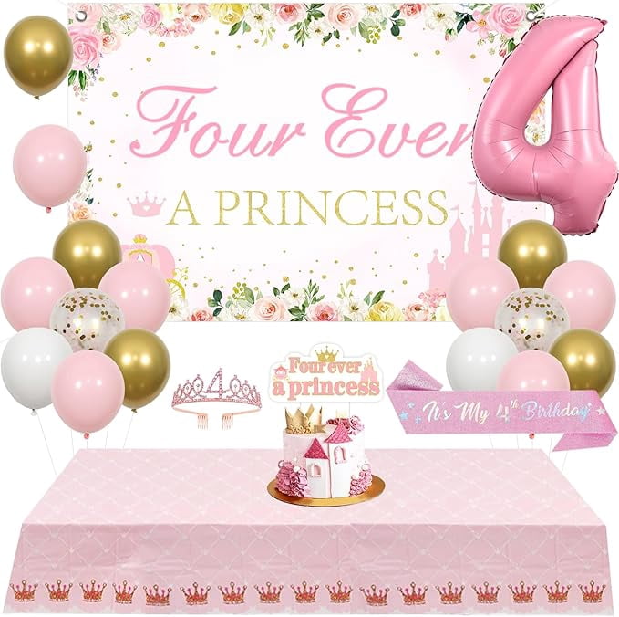 Princess 4th Birthday Party Decorations, Four Ever A Princess Backdrop ...