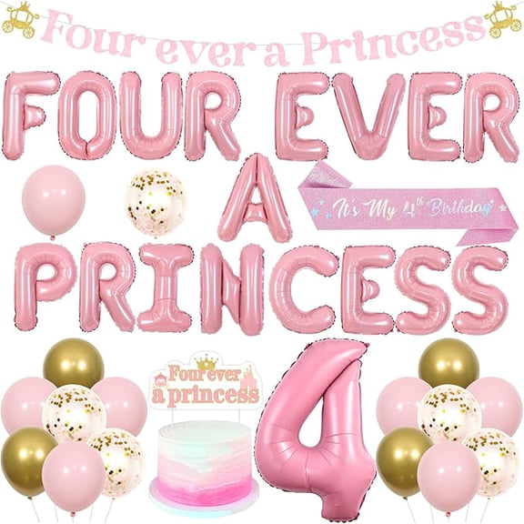 Princess 4th Birthday Party Decorations, Four Ever A Princess Banner Cake Topper Pink Gold Balloons Sash for Girls, Princess Themed 4 Years Old Birthday Party Supplies