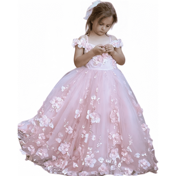 Princess 7D Floral Flower Girls Dresses with Bow Cold Shoulder Kids Ball Gown Beaded Puffy First Communion Dresses