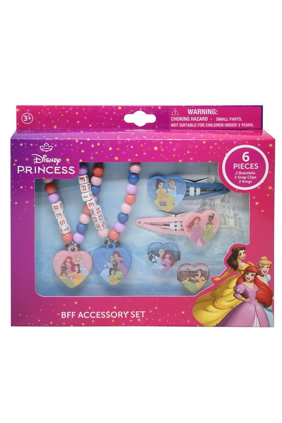 Princess Accessory Set Includes: 2 beaded bracelets w/charm, 2 snap clips, 2 rings