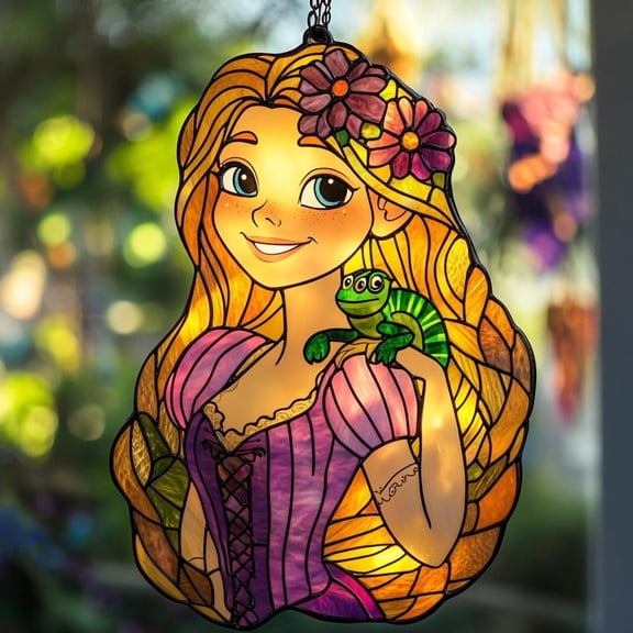 Princess Acrylic Suncatcher  Flower Faux Stained Glass Window Hanging with Cartoon Character, Girl Room Decor, Birthday Gift for Kids