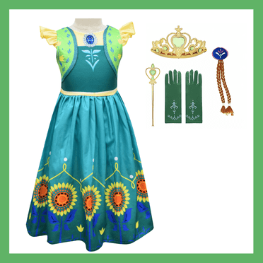 Princess Anna Costume for Girls with Wig, Gloves, Wand, Crown, 5-Piece Kids Costume