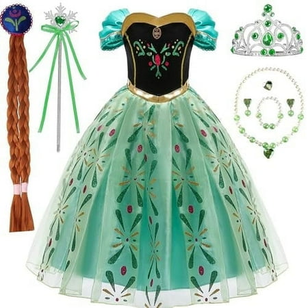 Princess Anna Kids Costume Dress up Girls Outfit with Crown Wand Wig Necklace 9-10Years