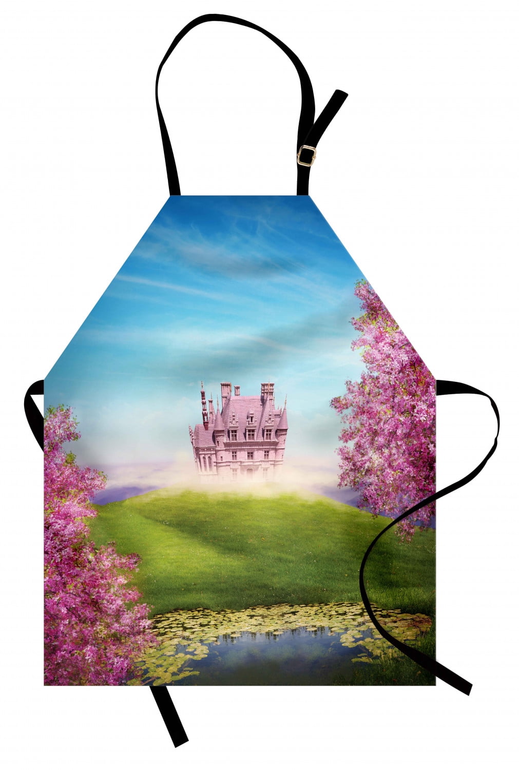 Castle Apron Princess Apron Fairy Tale Landscape with Castle Cheery Blooms and ...