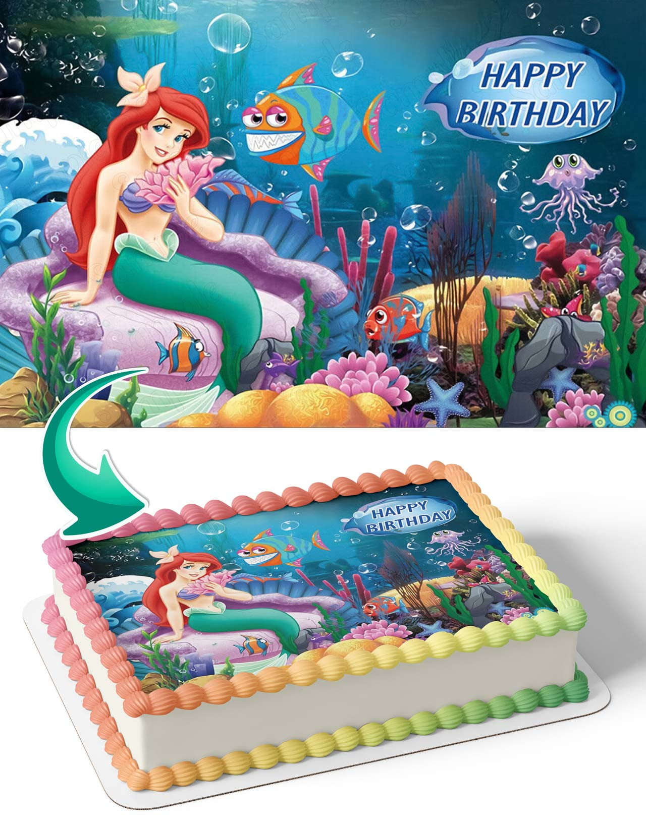 For Goodness Cake - Mermaids! Cake 1: Ariel buttercream cake with fondant  accents of shells and coral. Serves: 25 Cake 2: Mermaid buttercream cake  with waves on the bottom tier and chocolate seashells Serves: 25 | Facebook