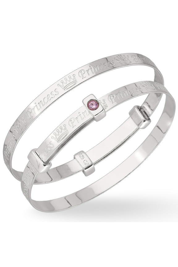 Princess Baby Shower Girl Bangle Bracelet Sterling Silver and Pink CZ Baptism New Born Gift, 2 Years