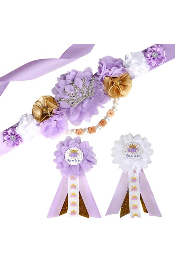 Princess Baby Shower Maternity Sash Kit - Purple and Gold Princess Baby Shower Belly Belt and Mom to Be & Dad to Be Corsage Pins, New Parents Pregnancy Photo Props Party Supplies