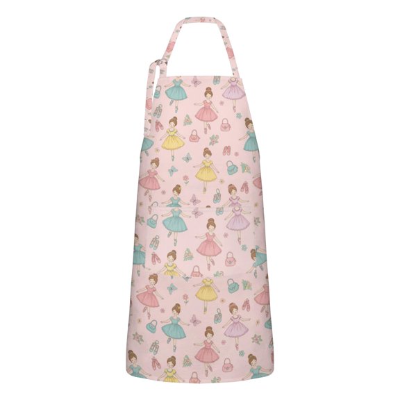 Princess and Ballerina Pink Pattern Apron for Women with Pockets, Cotton Linen Waterproof Adjustable Apron for Kitchen Cooking Gardening BBQ Salon 33"x27"