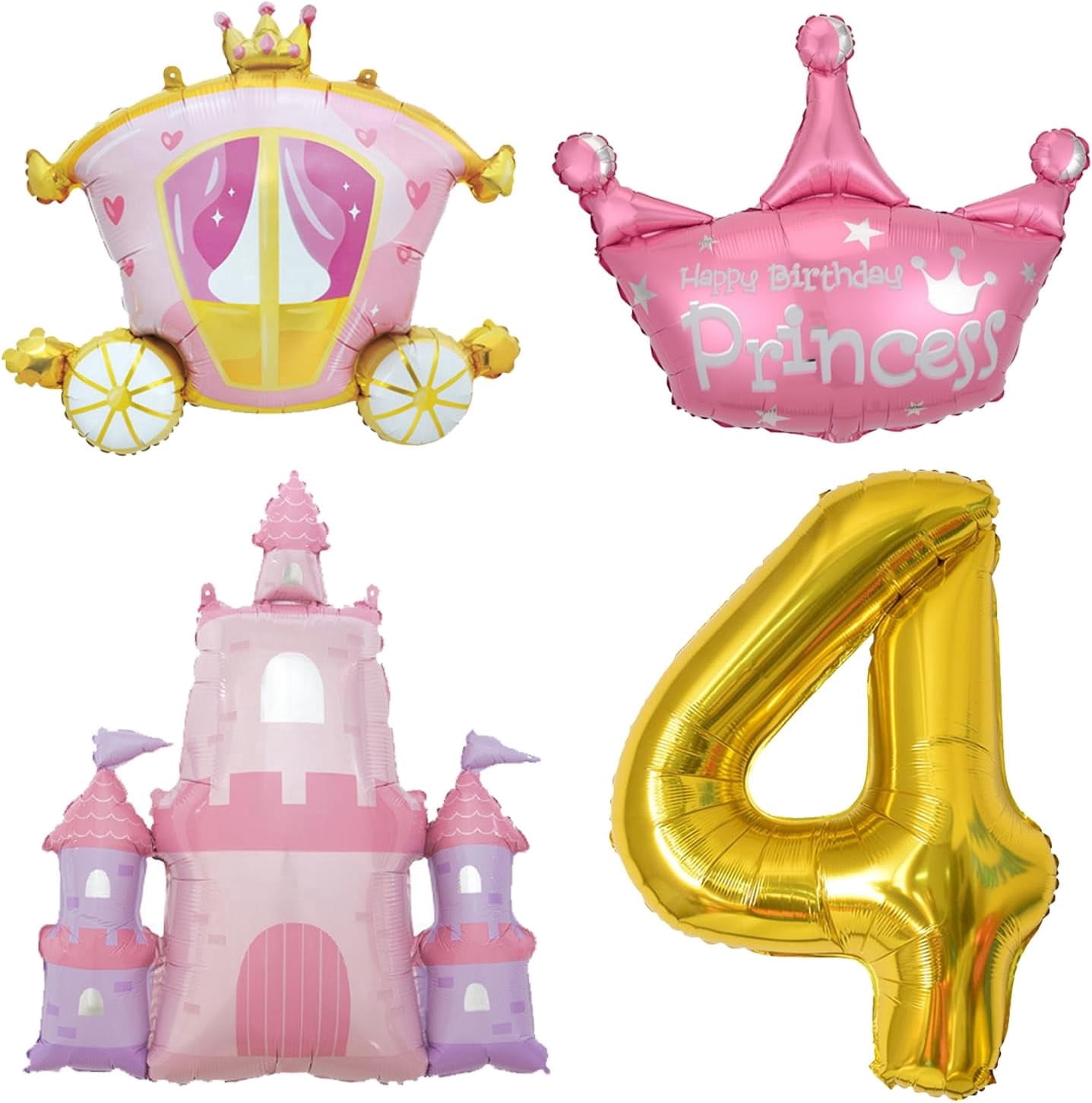 Princess Balloons for Girls' 4th Birthday Party Decorations Pink Gold Crown Pink Castle Balloon,Carriage Balloon Gold 40in Large Number Foil Balloon