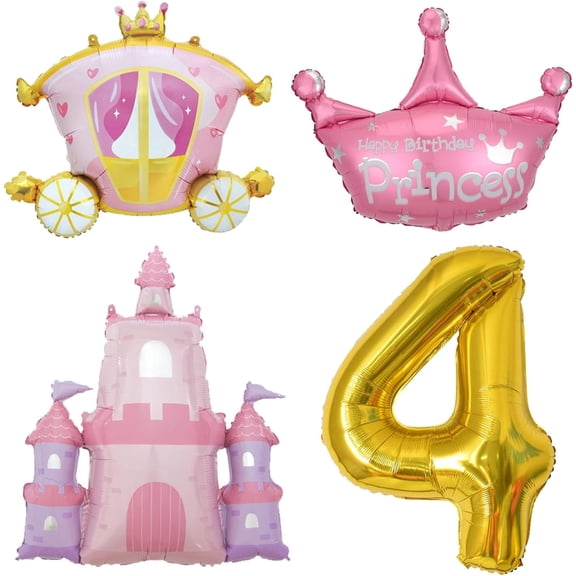 Princess Balloons for Girls' 4th Birthday Party Decorations Pink Gold Crown Pink Castle Balloon,Carriage Balloon Gold 40in Large Number Foil Balloon