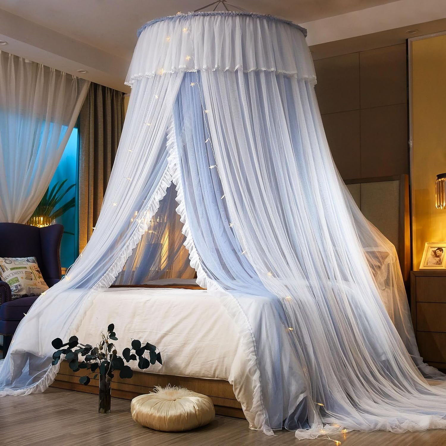 Princess Bed Canopy for Girls & Adults, Elegant Double-Layer Bed Curtain, Children's Dream Round Lace Mosquito Net, Princess Canopy Net - Fits Twin, Full, Queen, and King Beds (Light Gray)