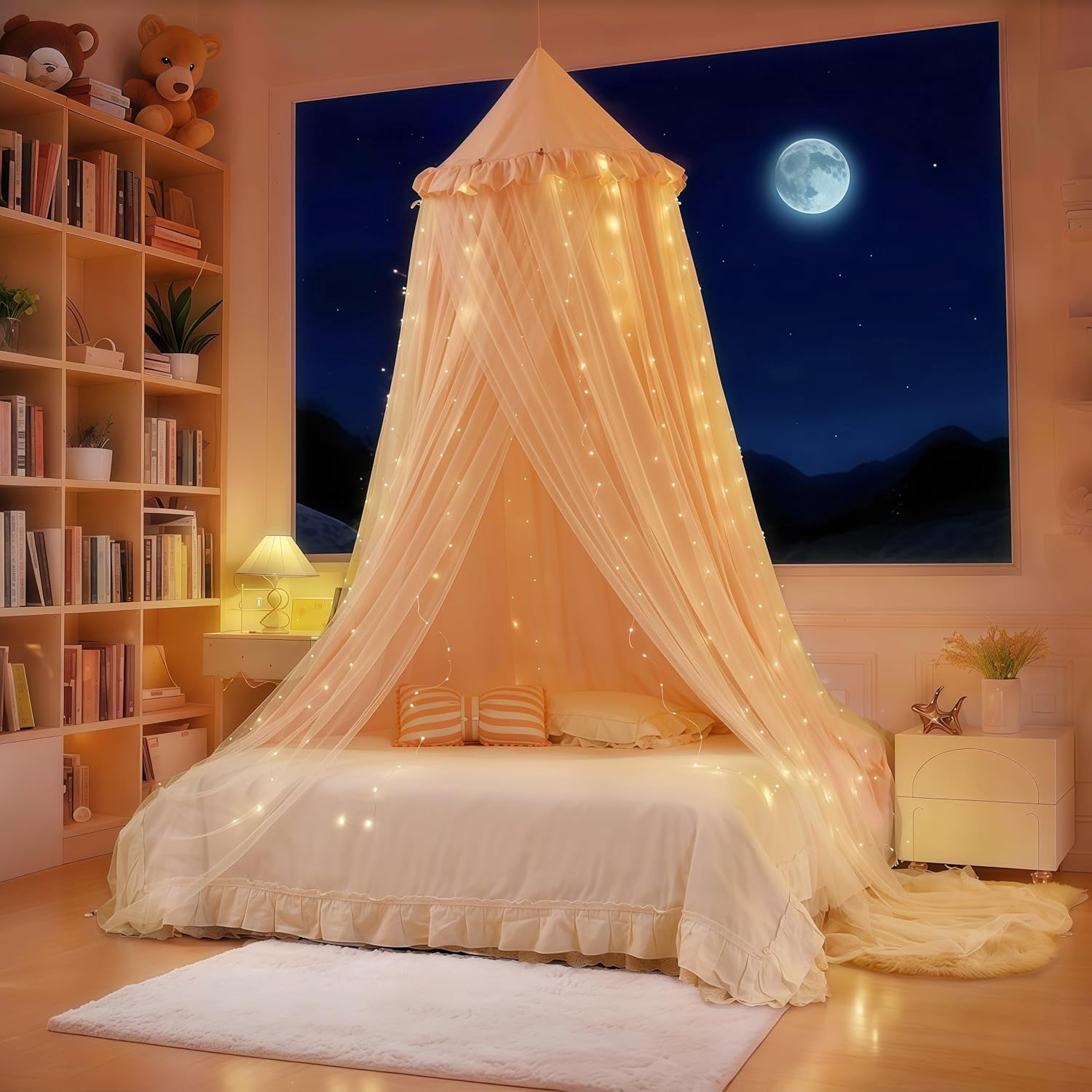 Princess Bed Canopy for Girls, Double Layer Canopy with 250pcs Warm White Curtain Lights, Fits Twin/Full Bed - Fairy Bed Tent for Kids Room Decor,Pink