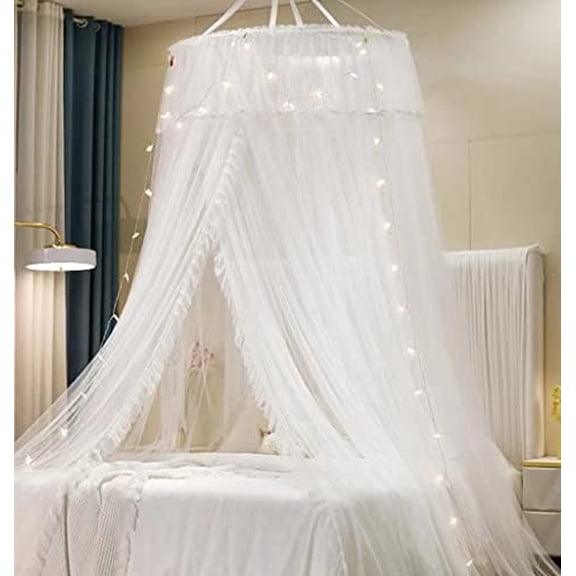 Princess Bed Canopy for Girls Double Layer Sheer Mesh Dome Elegant Lace Mosquito Net Bed Curtain for Full Queen King Bed with led Stars String Lights(White/White)
