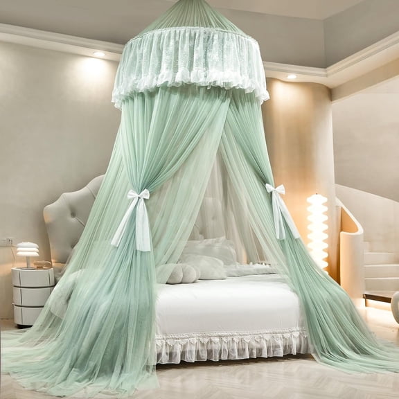 Princess Bed Canopy for Girls  Double Layer Sheer Mesh Dome with Romantic Lace Trim, Dreamy Mosquito Net Tent for Twin/Full/Queen/King Beds(Mint Green)