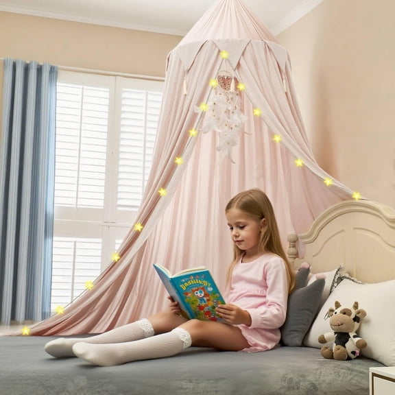 Princess Bed Canopy for Girls, Dreamy Tassels Ceiling Canopy Net Kids Room Decor Soft Nursery Crib Canopy Reading Nook, Large Children Canopies Full Queen Size with Lights - Light Pink