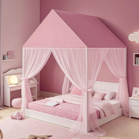 Princess Bed Canopy for Girls - Pink Bed Canopy Princess Castle Dreamy Playhouse Mosquito Net Reading Nook Canopies Play Tent Canopy Bed Curtains for Kids Room(Twin,Pink)