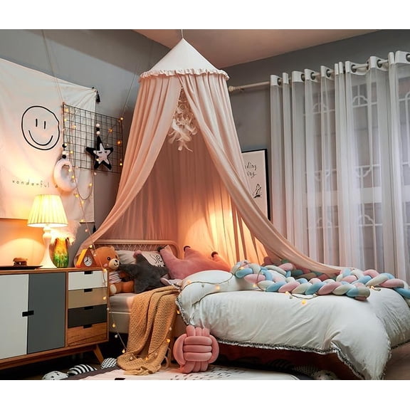 Princess Bed Canopy for Girls - 100% Cotton with Ruffles Dreamy Pink Hanging Tent for Crib Bed & Reading Nook Kids Nursery Decor