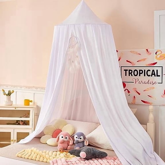 Princess Bed Canopy for Kids Baby Bed, Round Dome Kids Reading Nook Indoor Outdoor House Tent Hanging Decoration Cotton Canvas White