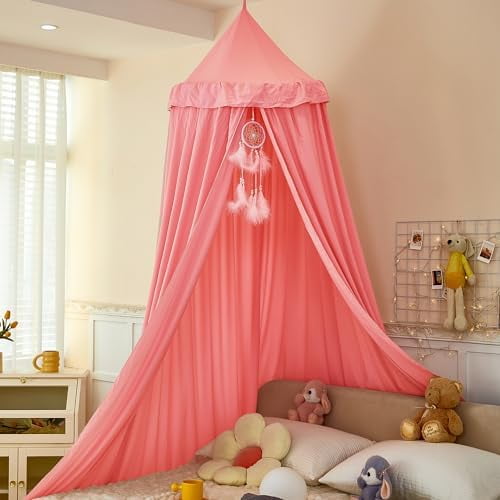 Princess Bed Canopy for Kids, Soft and Durable Dreamy Mosquito Net Bedding, Girls Room Tent, Children Reading Nook Indoor Decor (Coral Pink)