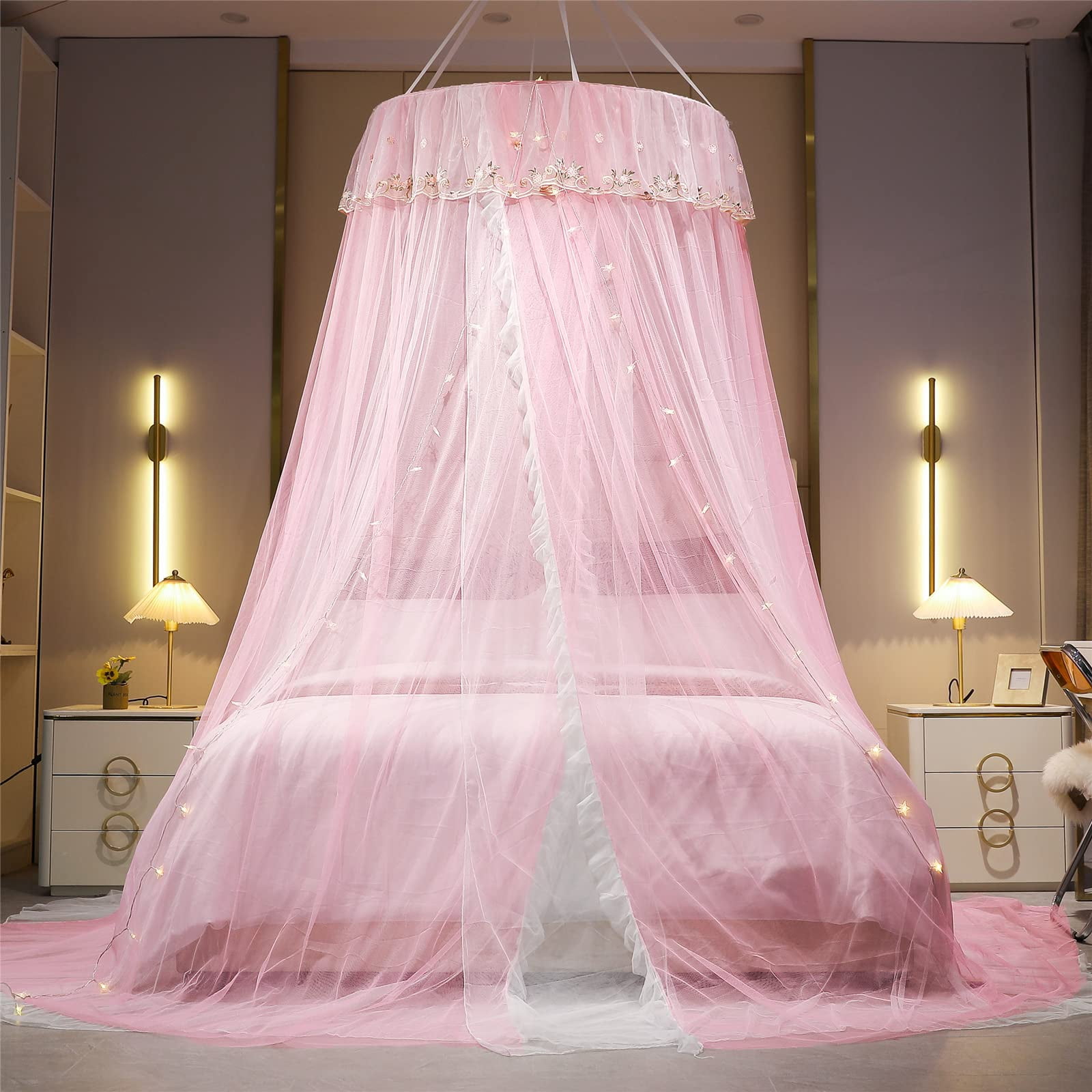 Princess Bed For Double Layer Sheer Mesh Dome Elegant Embroidery Lace Mosquito Net Curtain Full Queen King Bed(pink/white-1)