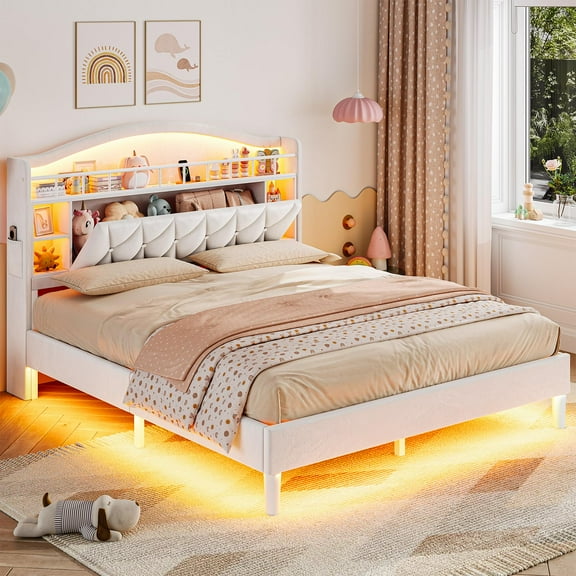 Princess Bed Frame Full Size With Led Lights And Charging Station, Velvet Upholstered Platform Bed Full Size With Led Lights Headboard,guardrail,crystal Button, No Box Spring Needed,Beige