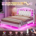 thumbnail image 1 of Full Size  Bed Frame With Led Lights & Charging Station, Velvet Upholstered Platform Full Size Princess Bed  With Headboard,guardrail,crystal Button, No Box Spring Needed,Beige, 1 of 8
