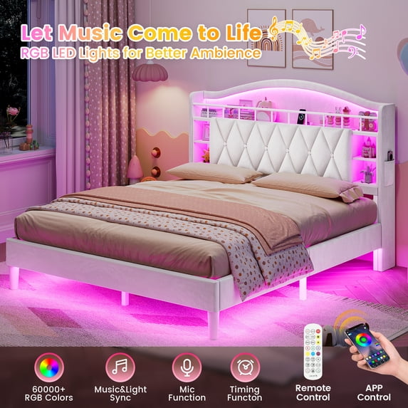 Full Size Bed Frame With Led Lights & Charging Station, Velvet Upholstered Platform Full Size Princess Bed With Headboard,guardrail,crystal Button, No Box Spring Needed,Beige