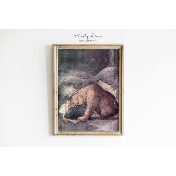 Princess Bella Kisses Bear Illustration John Bauer Wall Art, Unframed Canvas 8x10in