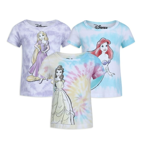 Princess Belle, Ariel and Rapunzel Girls 3 Pack Tie Dye Character Short Sleeve Tees, Toddler