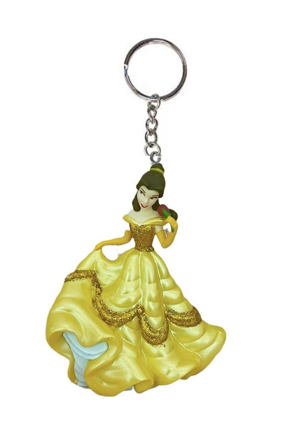 Princess Belle Beauty & Beast Yellow Glitter Key Ring Keychain PVC Figure Charm New