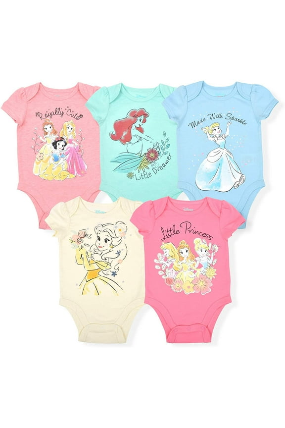 Princess Belle, Cinderella and Ariel Girls 5 Pack Character Onesie, Infant