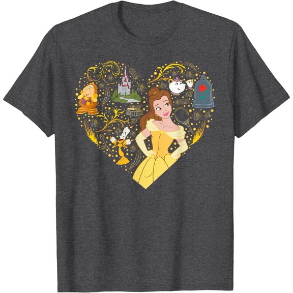 Princess Belle Collage Heart DTG Print Unisex T-Shirt,Dark Heather Grey Color,Size M