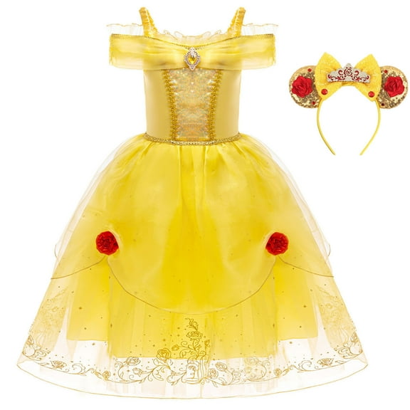 Princess Belle Costume for Girls Yellow Dress Halloween Cosplay Birthday Outfit