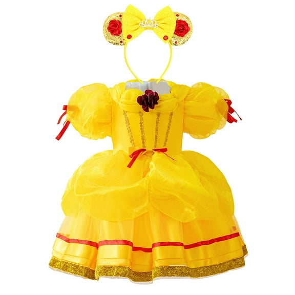 Princess Belle Costume with Headband for Baby Girls Halloween Cosplay Party Outfit, Size 6-9M