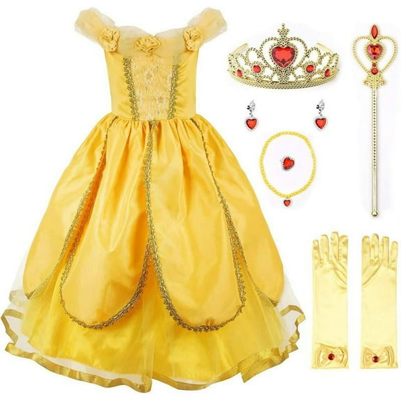 Princess Belle Dress Up Costume for Girls Birthday Cosplay Party with Accessories