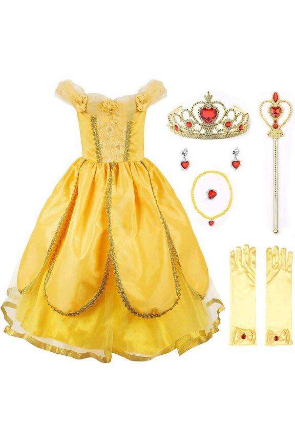 Princess Belle Dress Up Costume for Girls Birthday Cosplay Party with Accessories