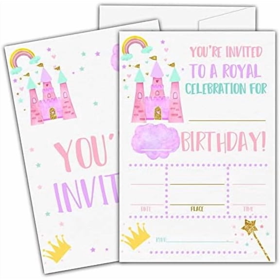 Princess Birthday Invitations for Girls, Pink Princess Castle Birthday Party Invitation Cards, Girls Magical Party Celebration Supplies Decoration -20 Fill in Invitations with Envelopes (B22)