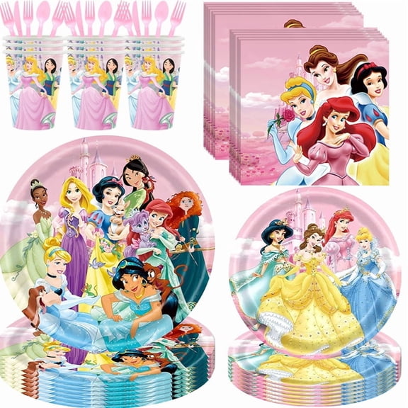 Princess Birthday Party Cutlery Set, Princess themed Party Gift Set, includes napkins, plates, cups, cutlery, and spoons.