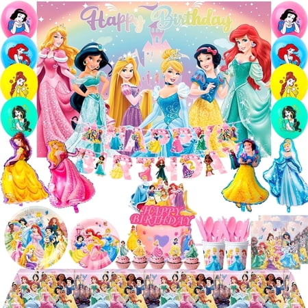 Princess Party Decorations, Princess Birthday Party Tableware & Decorations Set Including Princess Birthday Plates Napkins Tablecloth & Princess Cake Topper Banner etc, for Girls Kids