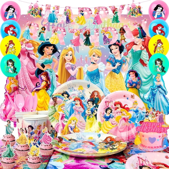 Princess Birthday Party Decorations, 116pcs Princess Party Tableware & Decorations Set Including Princess Birthday Plates Napkins Tablecloth & Princess Cake Topper Banner etc, for Girls Kids