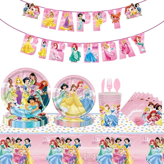 Princess Birthday Party Decorations - Princess Themed Supplies Includes Plates, Cups, Napkins, Banner, Cutlery, Tablecloth