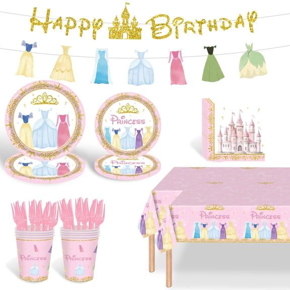 Princess Birthday Party Decorations Tableware Set Serves 24 Guests, Princess Party Supplies For Birthday Baby Shower, Plate, Cup, Napkin, Disposable Cutlery Y101